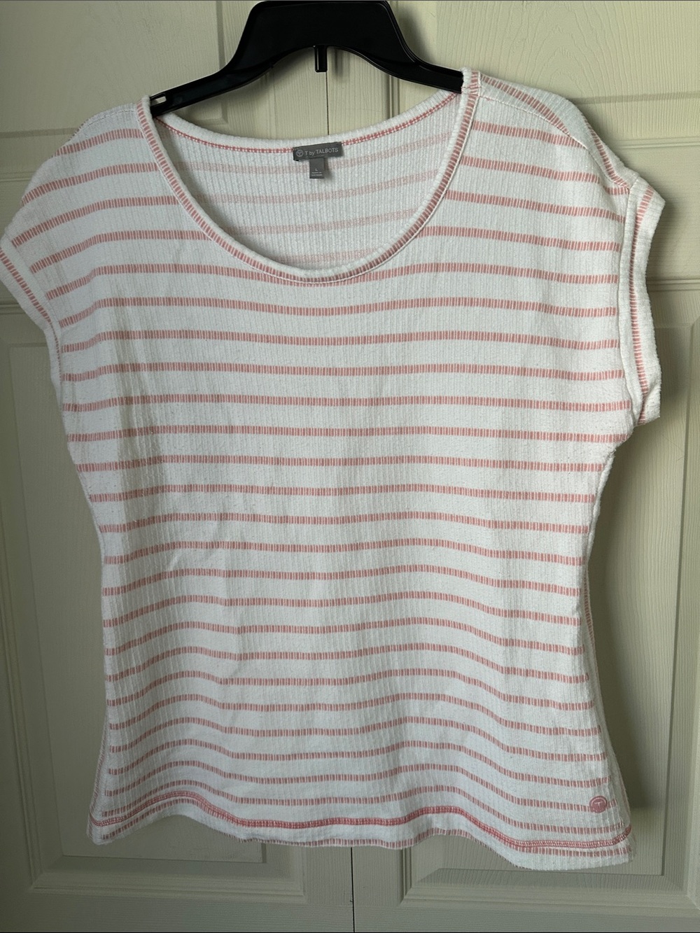 Talbots White & Blush Pink Striped Cap-Sleeve Knit Top size Large